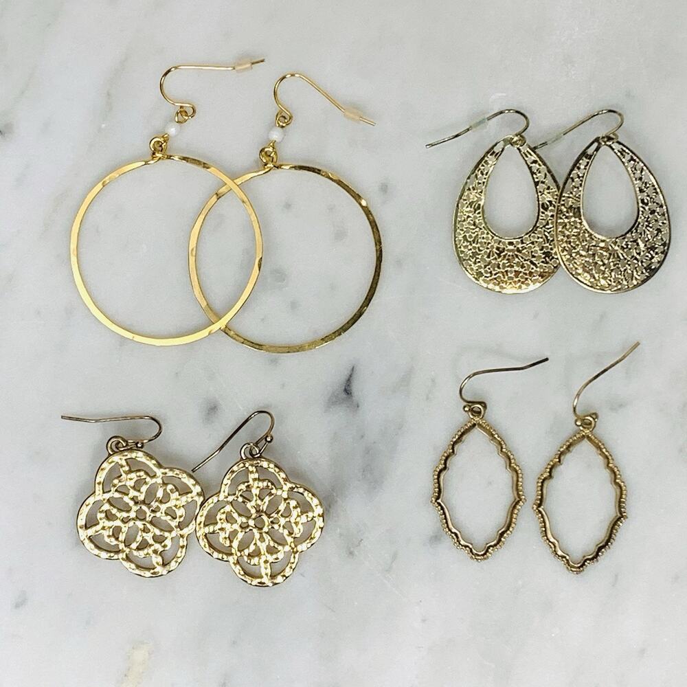 Gold Dangle Earrings Lot of 4 Hoop Teardrop Clover Filigree Moroccan EUC